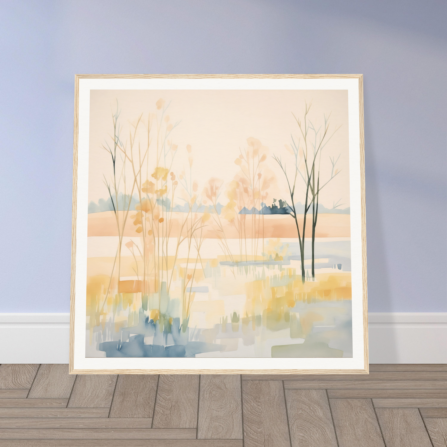 Framed watercolor painting of an ethereal pastel panorama depicting a misty landscape