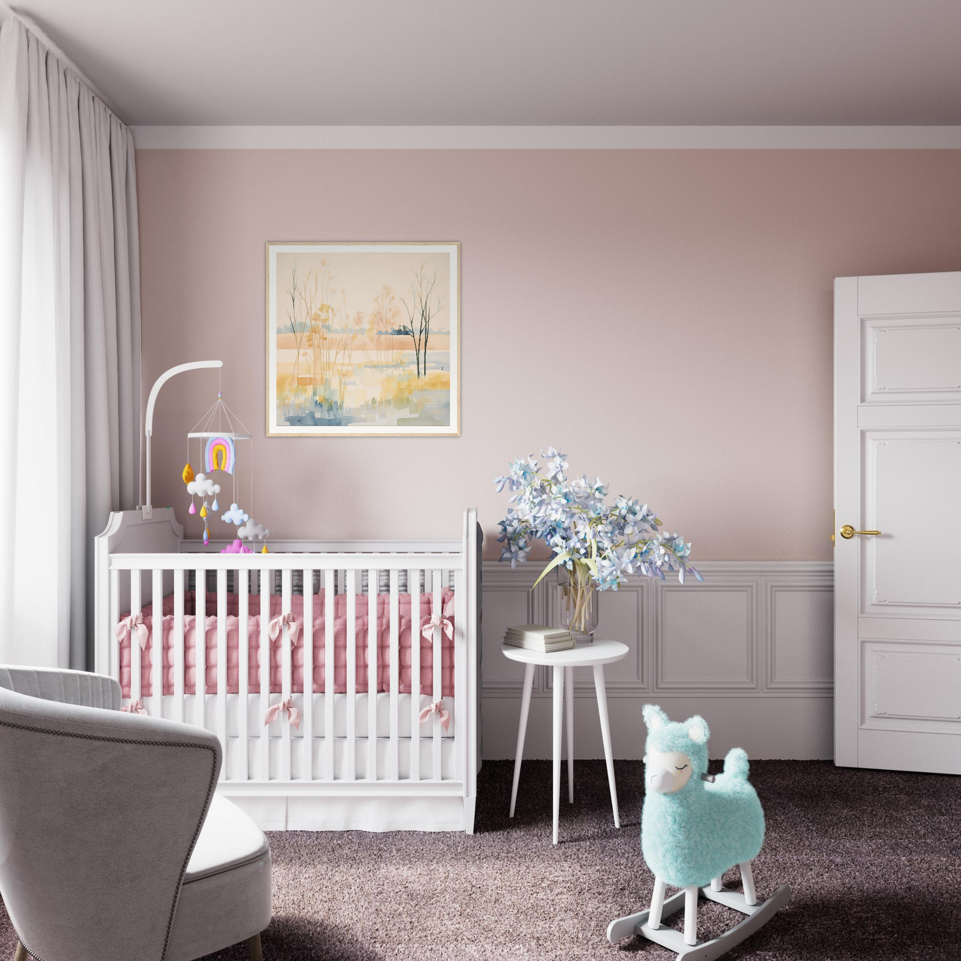 White wooden crib with pink bedding in Ethereal Pastel Panorama collection