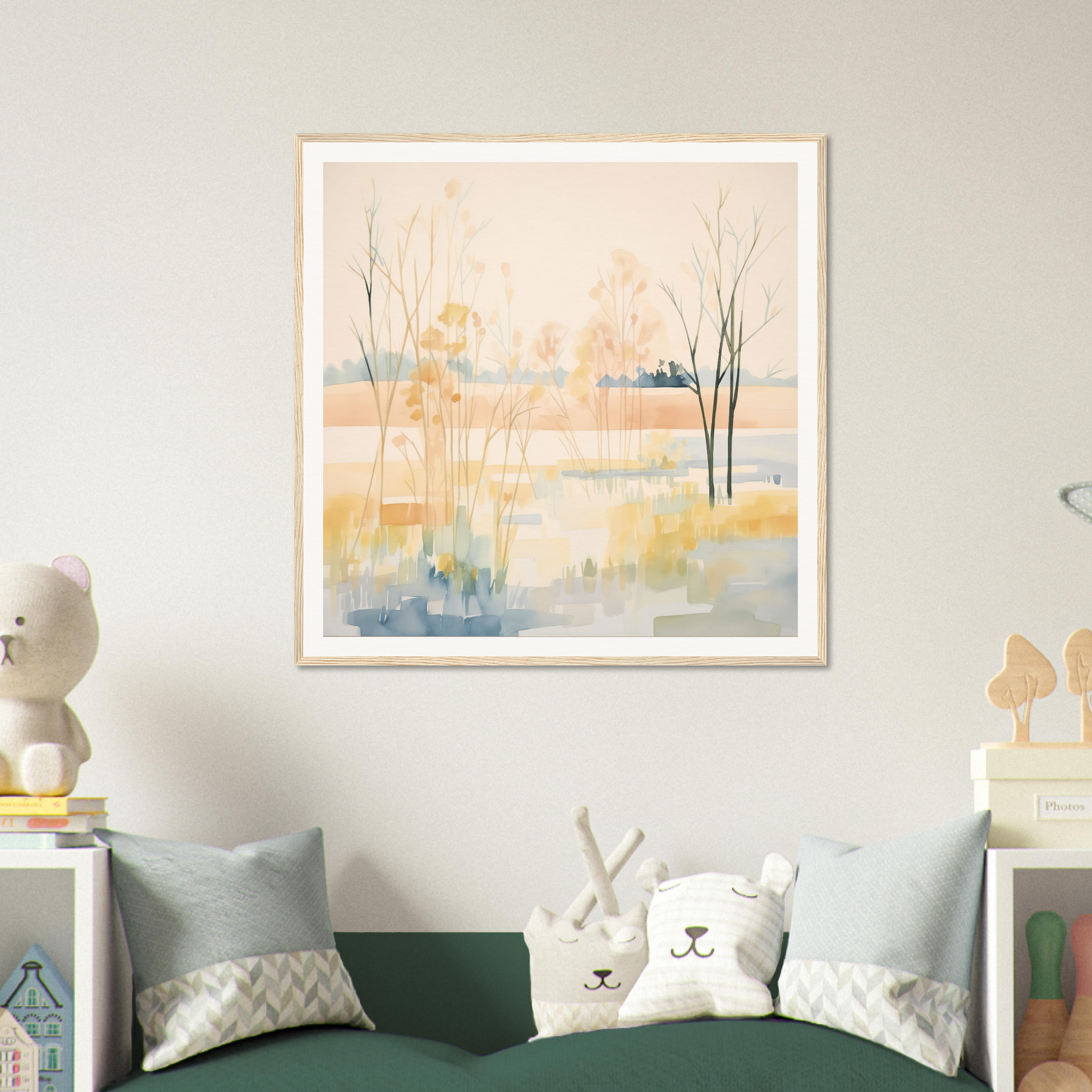 Framed abstract landscape painting in soft pastel colors, Ethereal Pastel Panorama