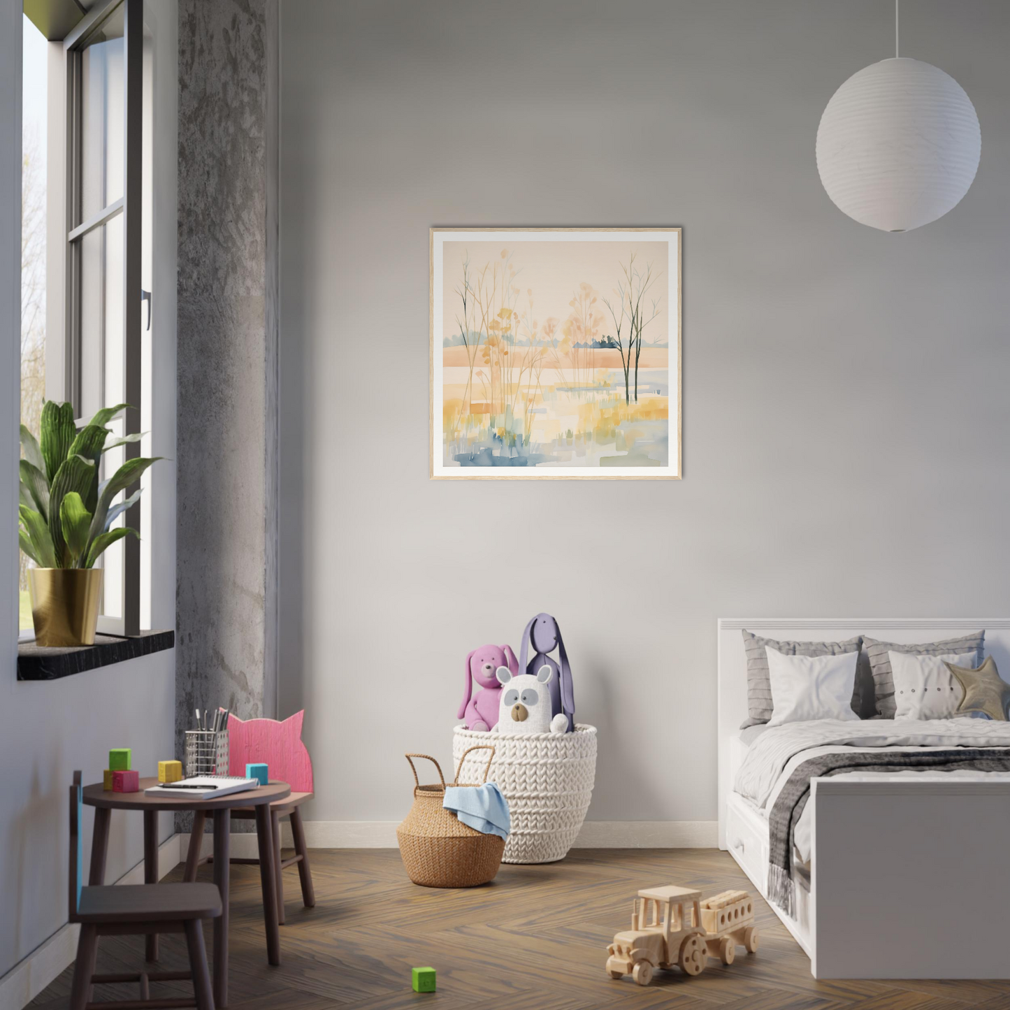 Modern bedroom featuring minimalist gray and white decor from Ethereal Pastel Panorama