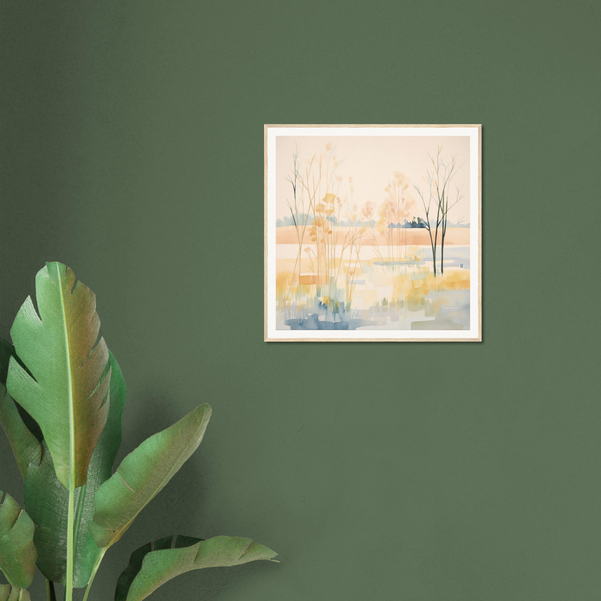 Framed Ethereal Pastel Panorama with soft yellow, beige tones and minimal tree silhouettes