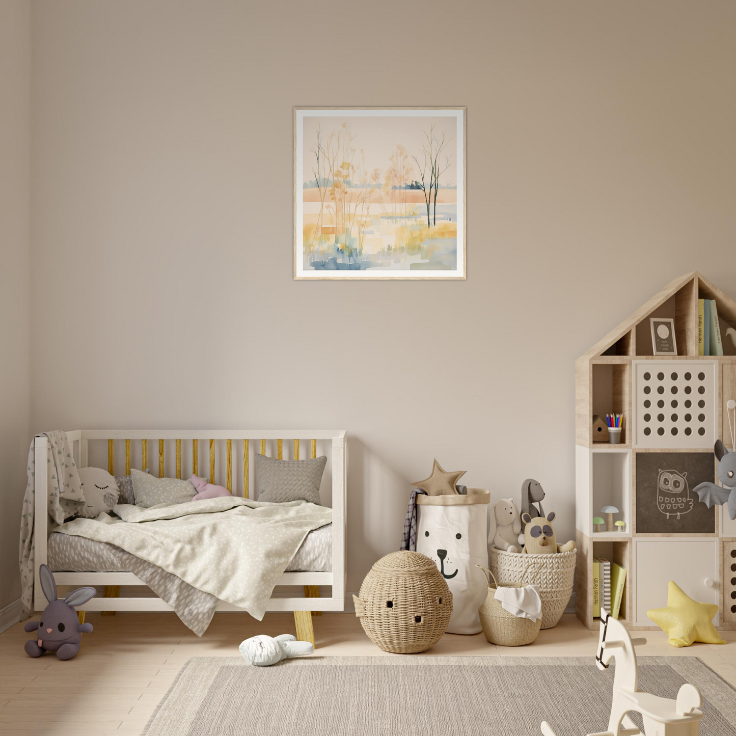 Wooden crib with gray bedding and yellow accents from Ethereal Pastel Panorama collection