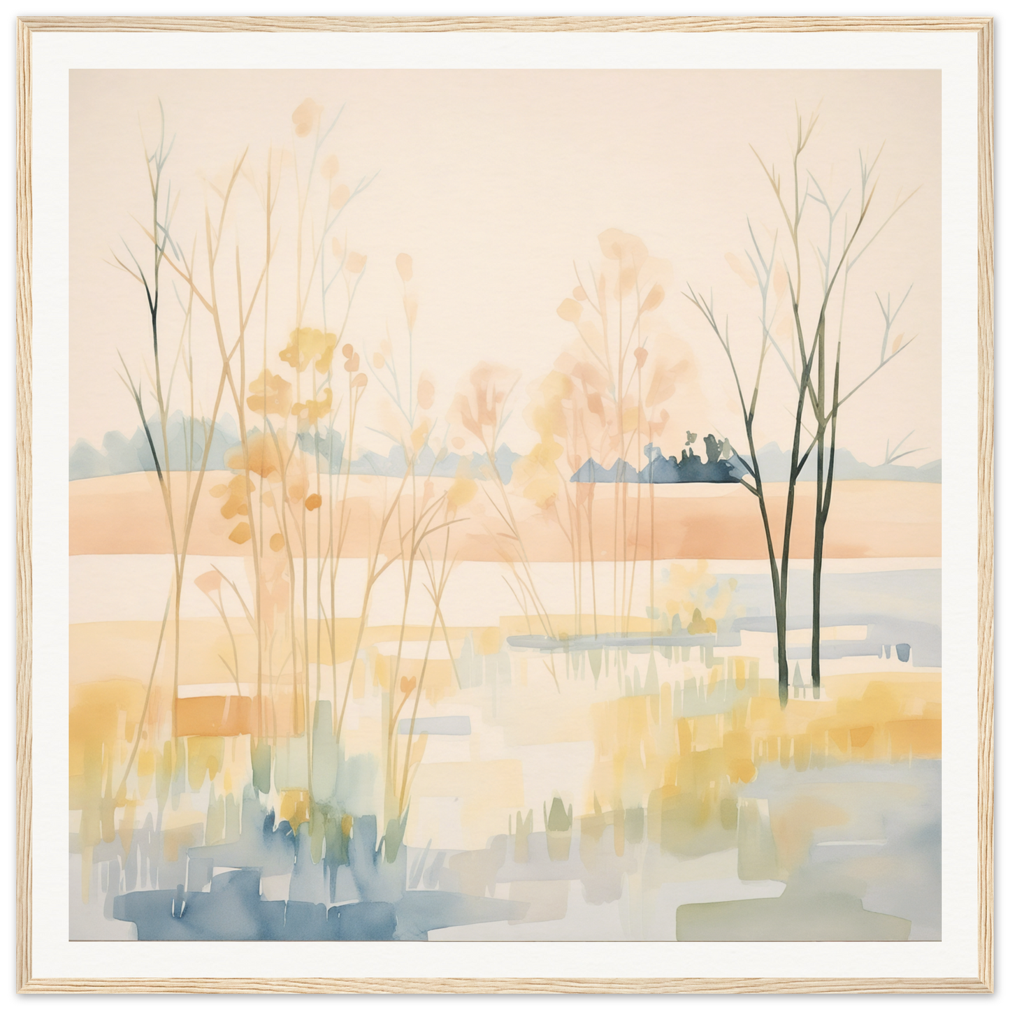 Watercolor landscape painting of bare trees and grasses in Ethereal Pastel Panorama