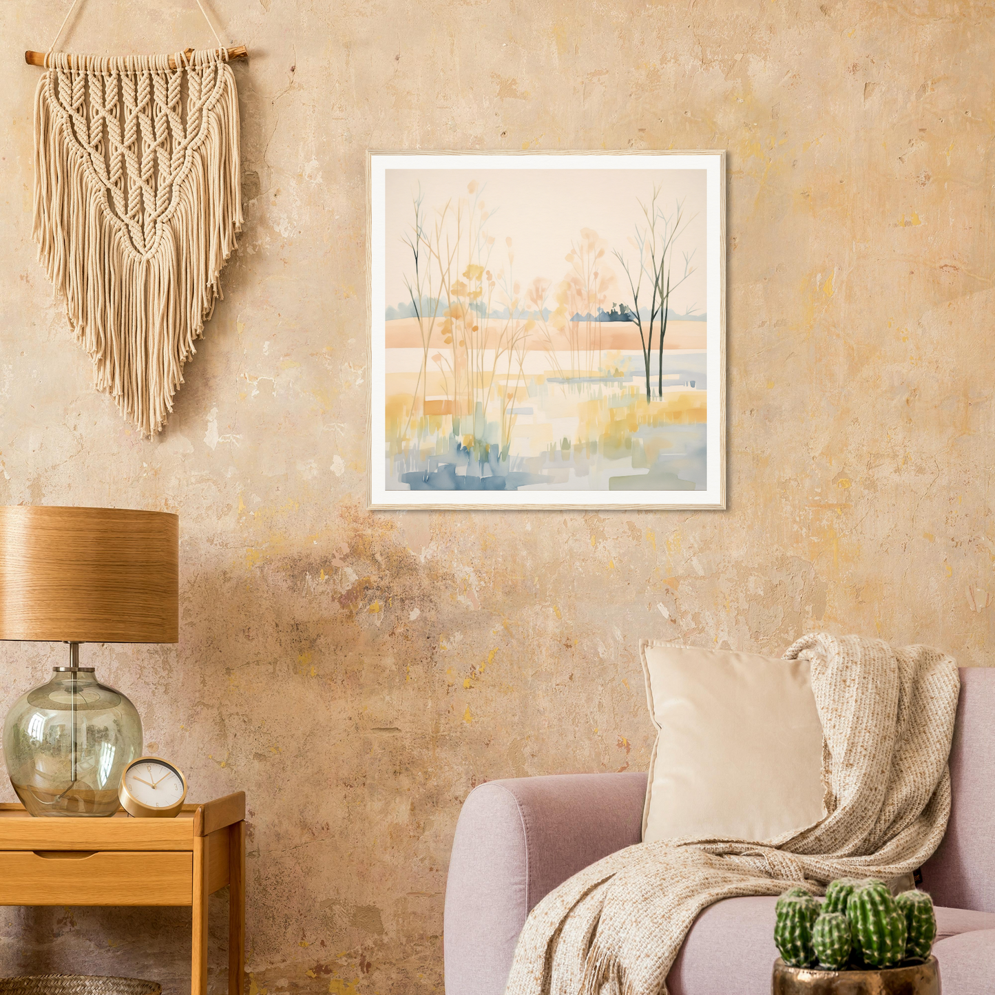 Cozy reading nook featuring a blush pink armchair in an Ethereal Pastel Panorama