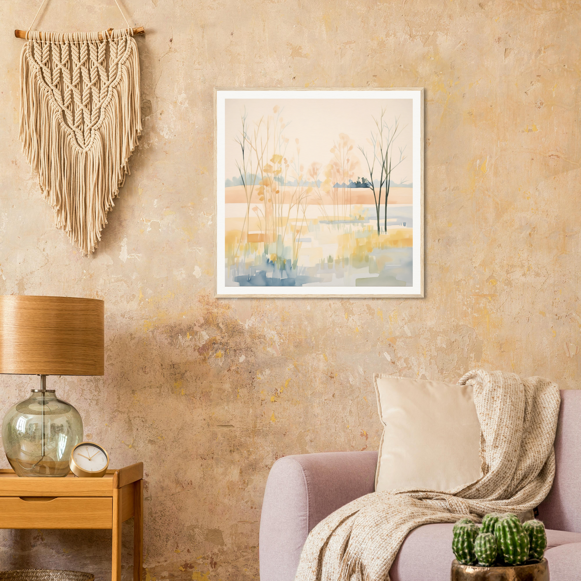 Cozy reading nook featuring a blush pink armchair in an Ethereal Pastel Panorama