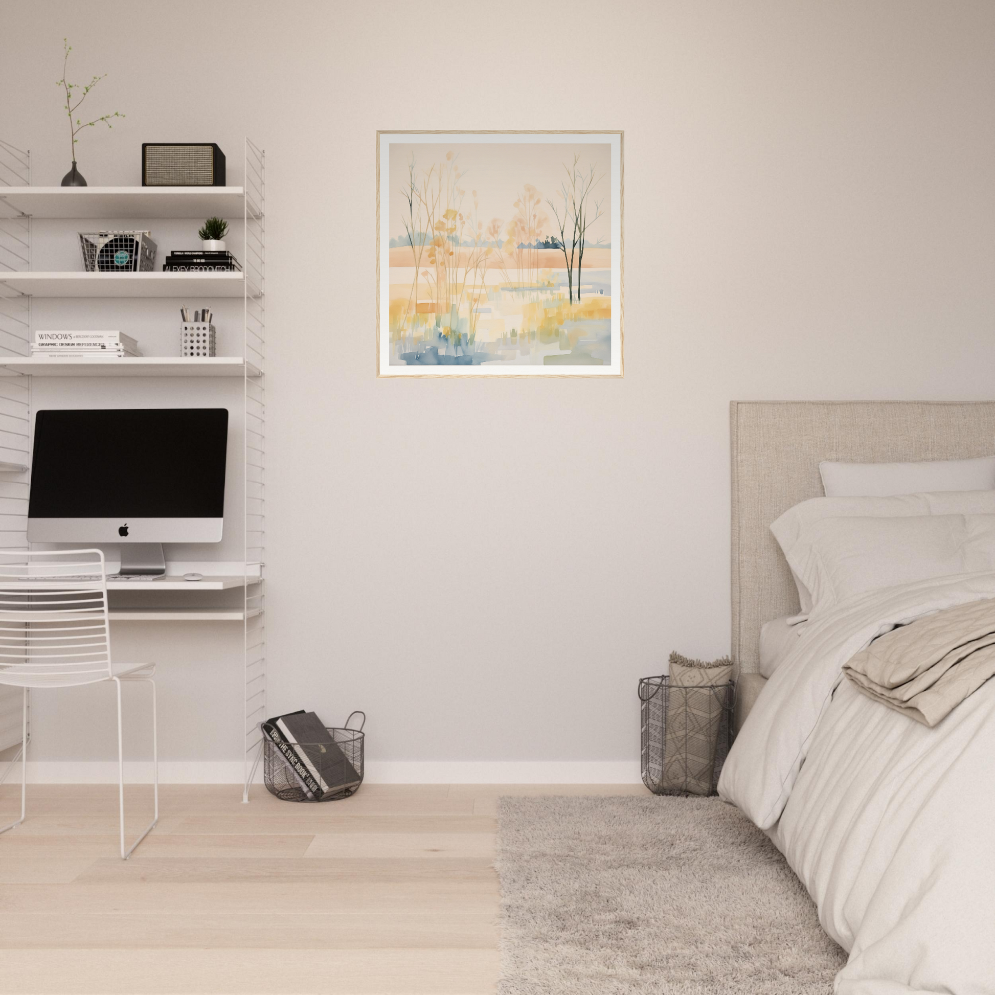 Minimalist bedroom featuring ethereal pastel panorama with shelves and iMac computer