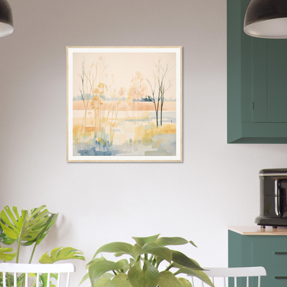 Framed watercolor painting of an ethereal pastel panorama landscape with trees and water