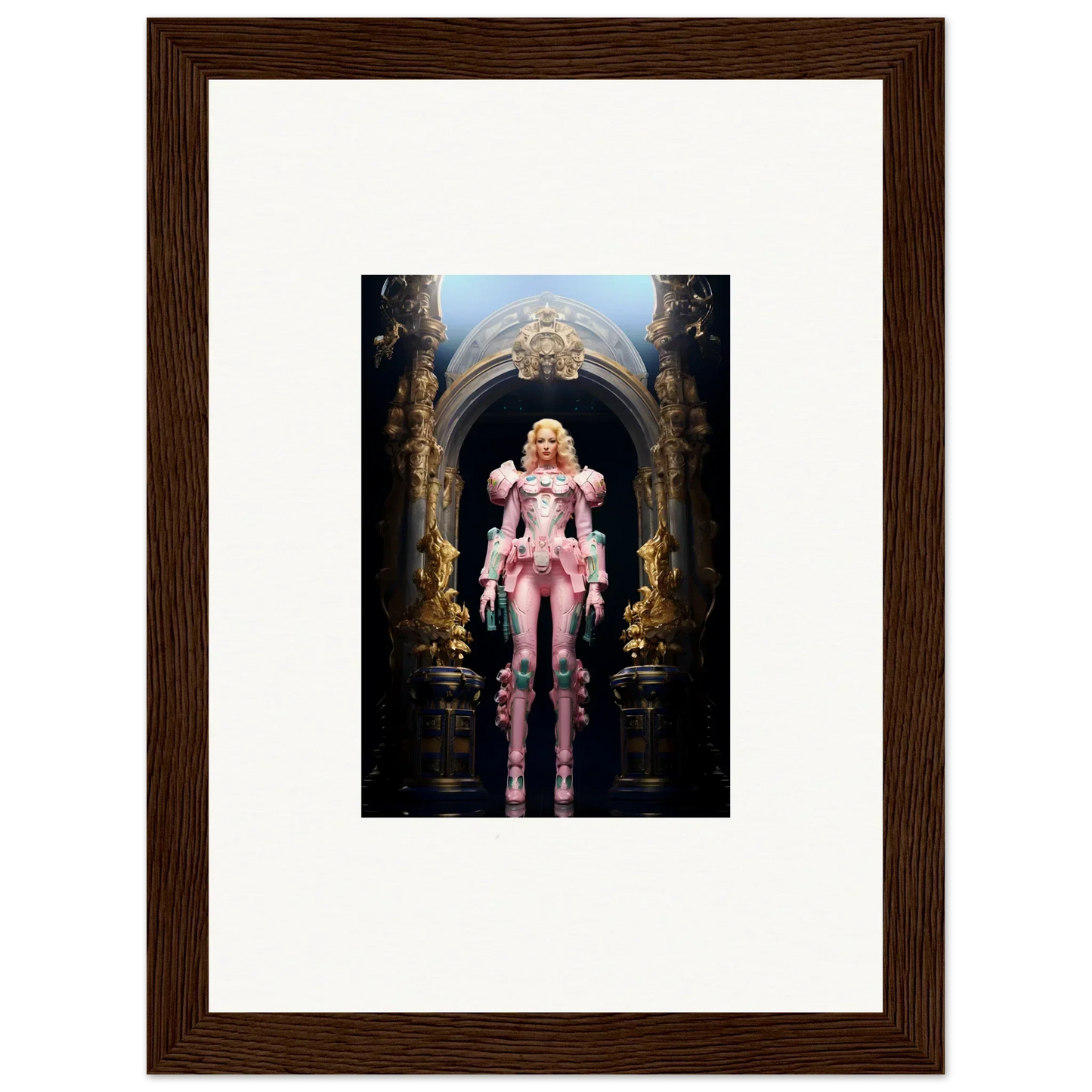 Framed wall art of a pink figure in an archway for stylish room decor and Pastry Vanguard