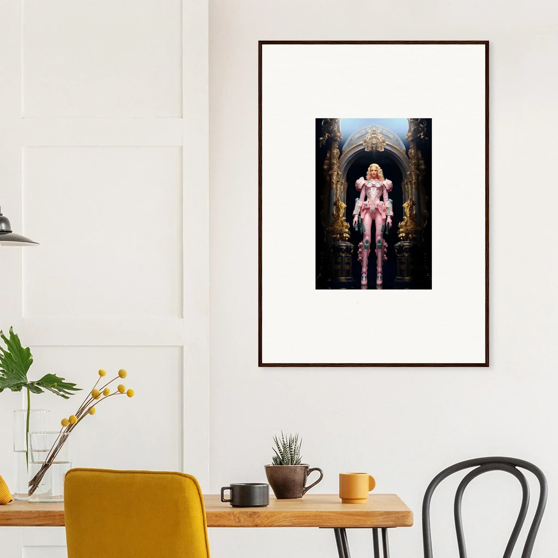 Framed wall art of a figure in pink armor within a golden archway for room decor