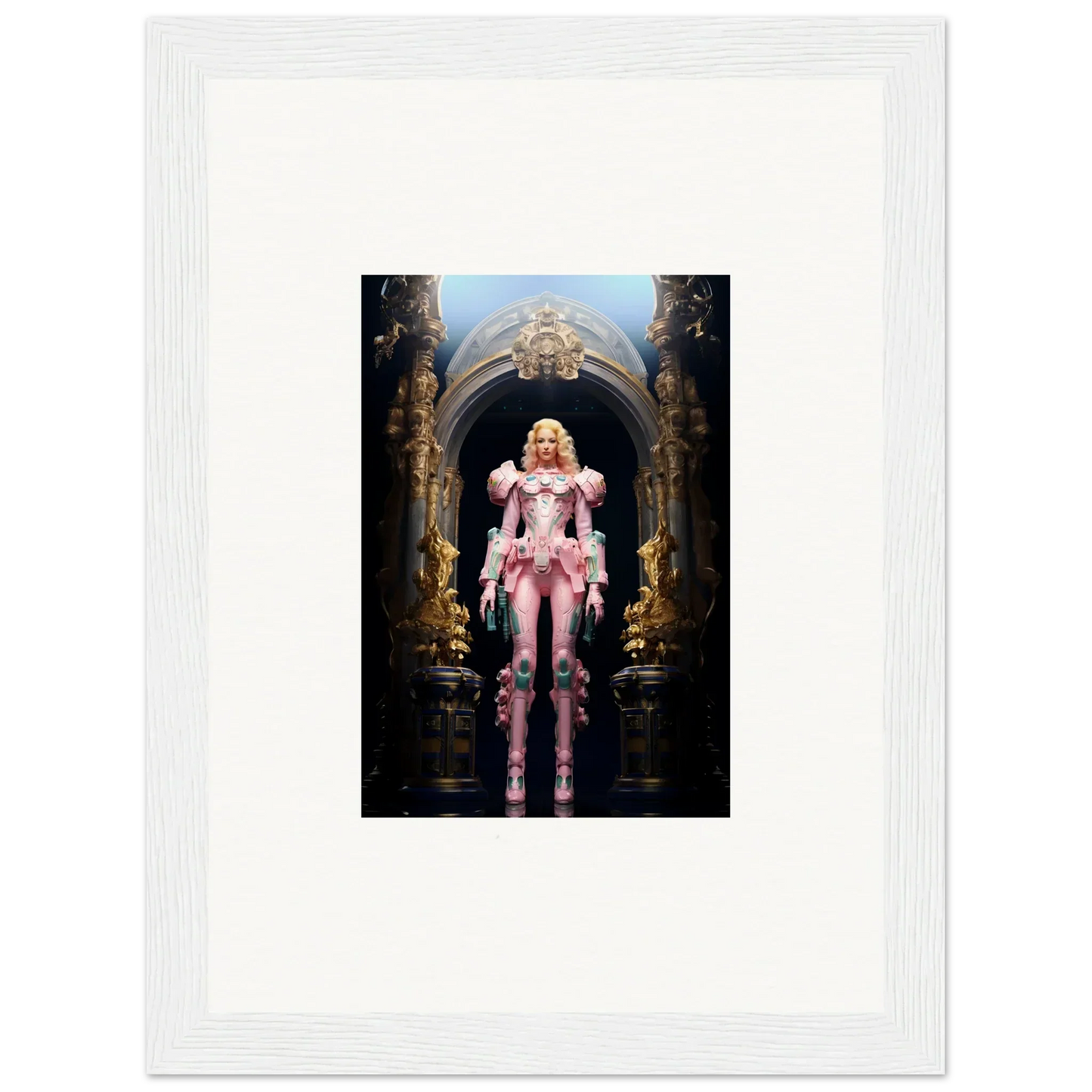 Framed wall art of a figure in pink armor, perfect for pastry vanguard room decor