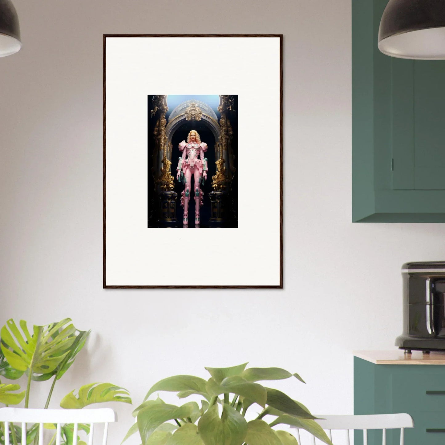 Framed wall art of a pink figure on a golden throne for elegant room decor and pastry vanguard