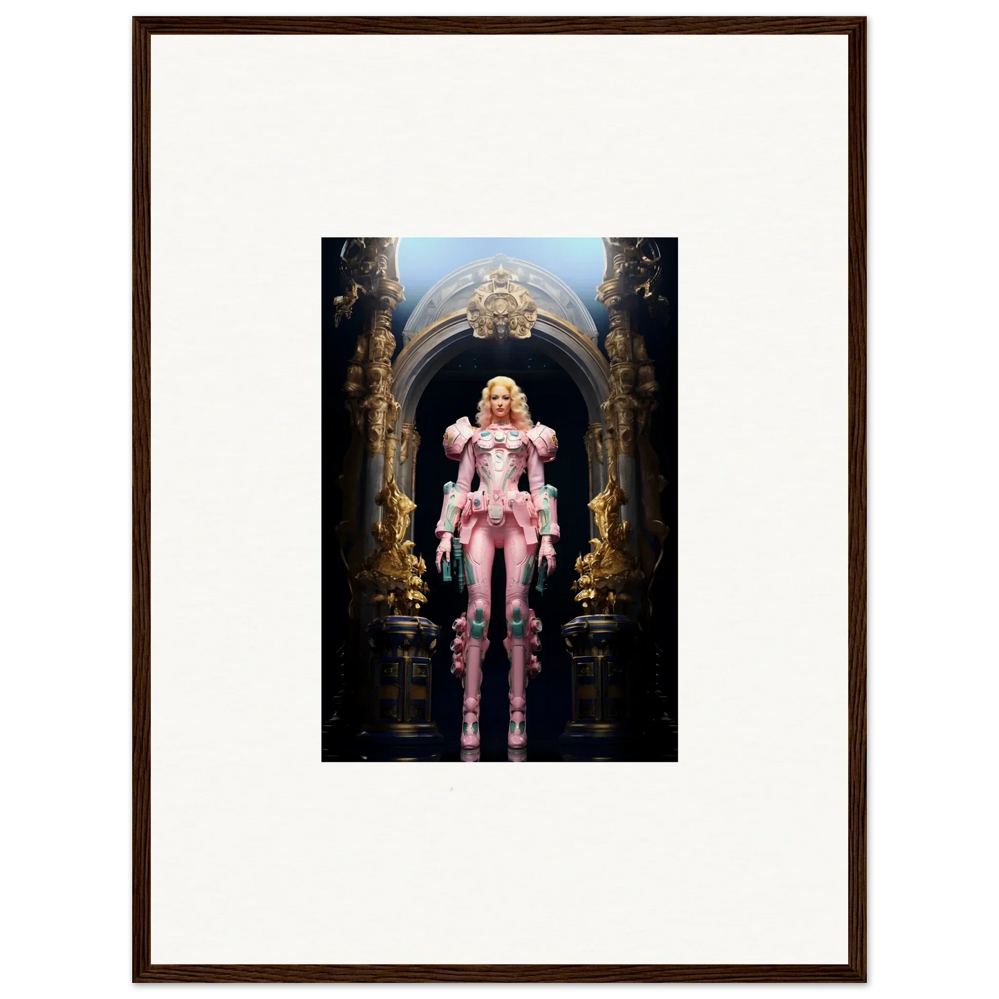 Blonde woman in pink costume by ornate archway, perfect for Pastry Vanguard wall art