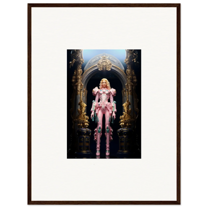 Blonde woman in pink costume by ornate archway, perfect for Pastry Vanguard wall art