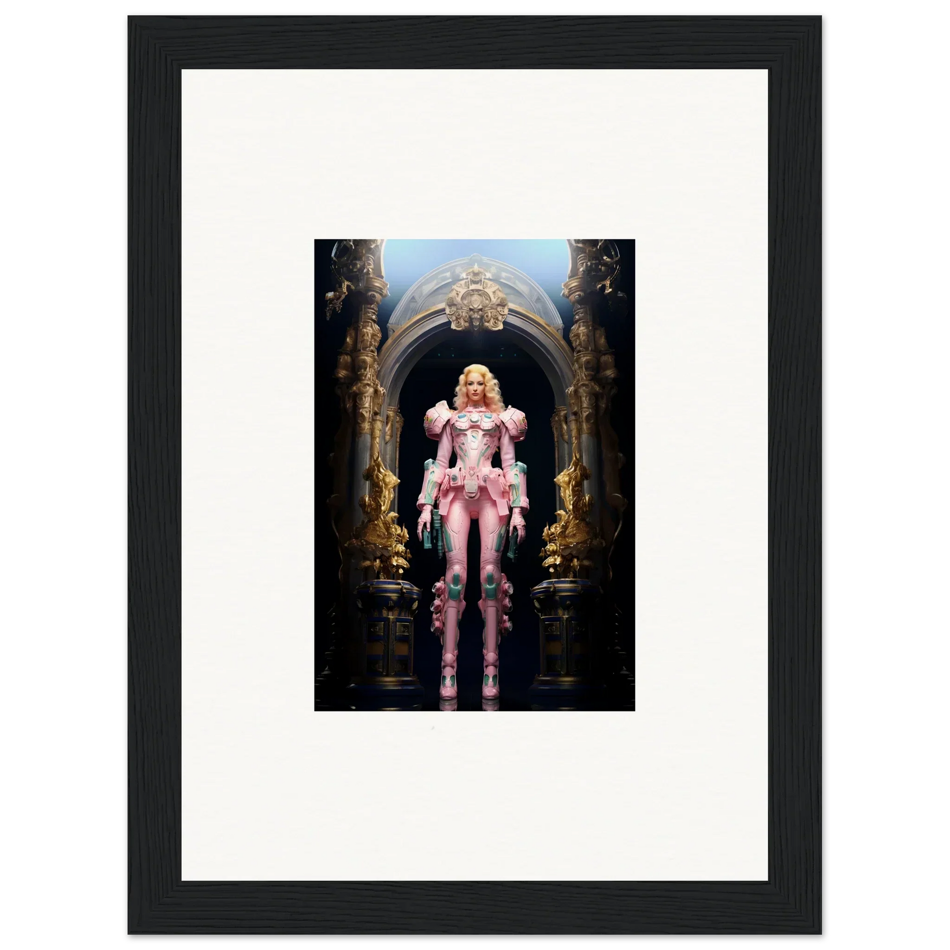 Framed wall art of a figure in pink armor for elegant room decor, Ethereal Pastry Vanguard