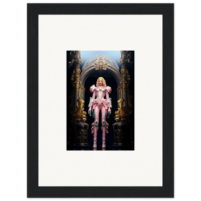 Framed wall art of a figure in pink armor for elegant room decor, Ethereal Pastry Vanguard