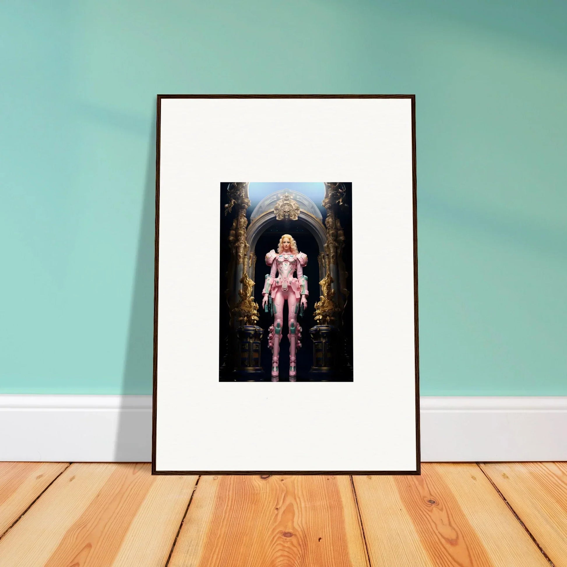 Framed wall art of figure in pink outfit in ornate archway for stylish room decor