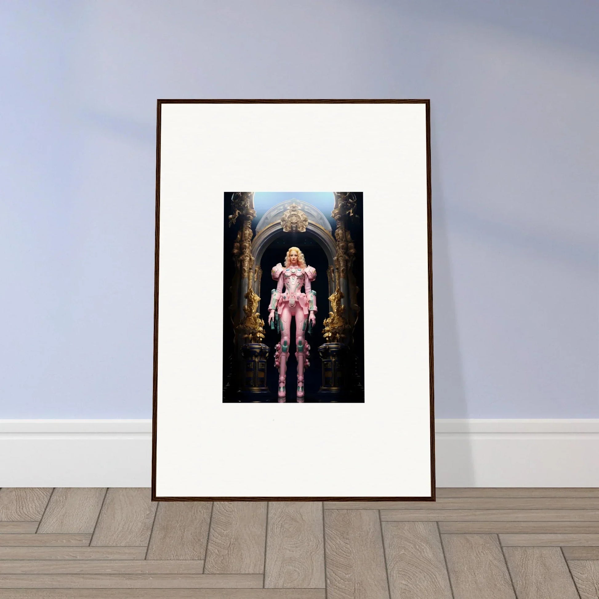 Framed wall art of figure in pink in ornate archway for Pastry Vanguard room decor