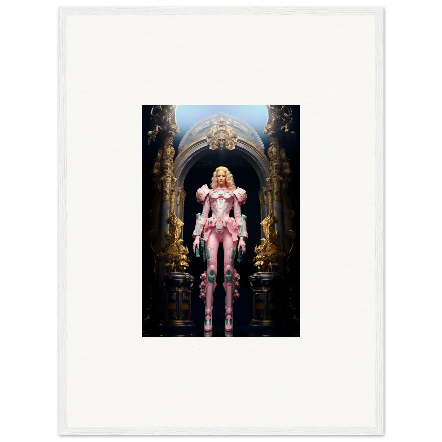 Blonde woman in pink ruffled armor costume, ideal for Pastry Vanguard room decor