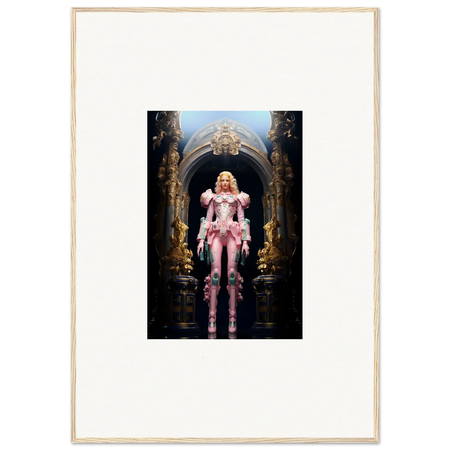 Blonde figure in pink armor framed wall art for Ethereal Pastry Vanguard room decor