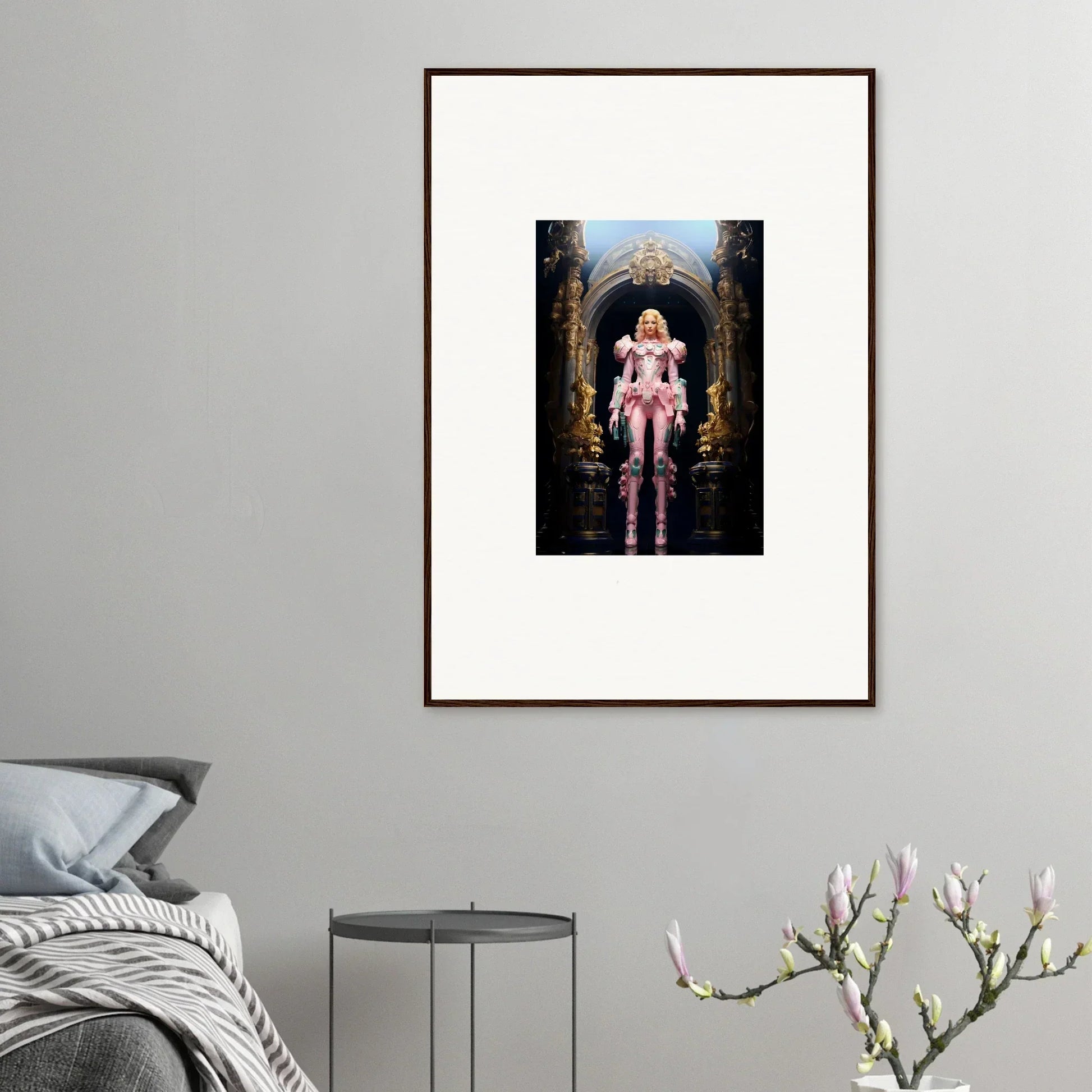 Framed wall art of a figure in pink armor in ornate archway for pastry vanguard room decor