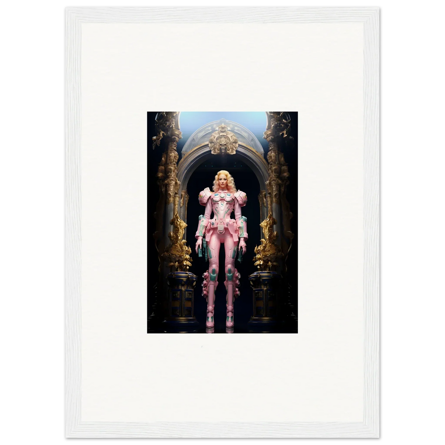 Framed wall art of a blonde figure in a pink costume, perfect for pastry vanguard room decor