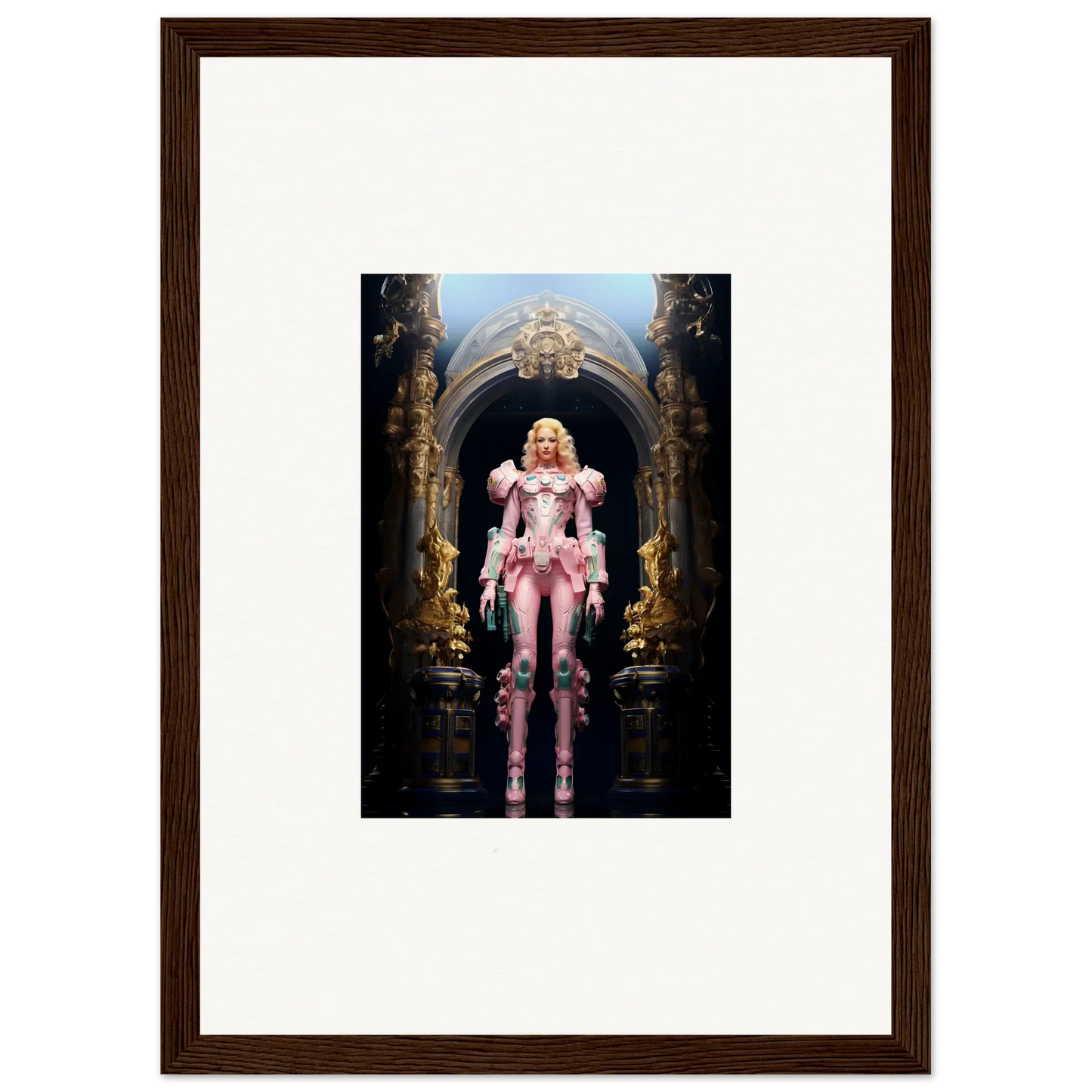 Framed wall art of a blonde woman in ornate pink costume for pastry vanguard room decor