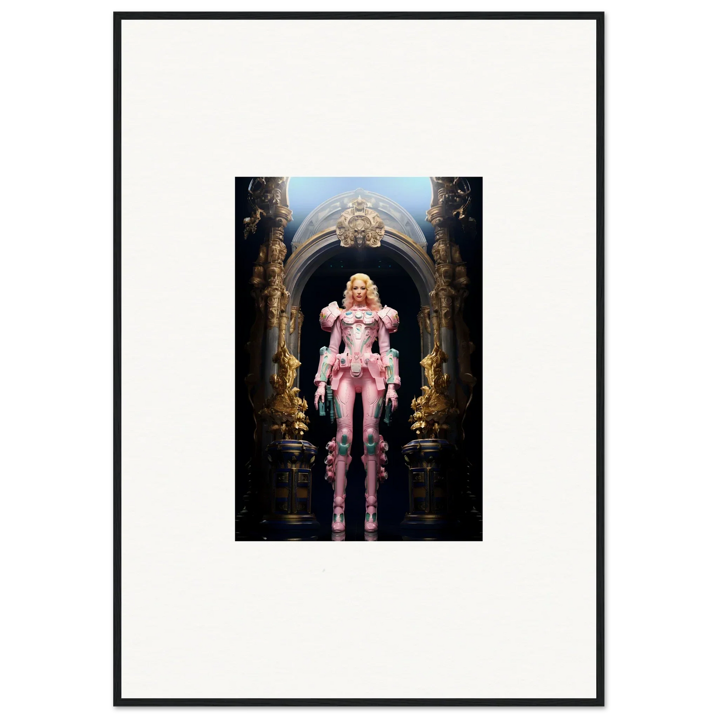 Framed wall art of a figure in ornate pink armor for unique room decor, Pastry Vanguard