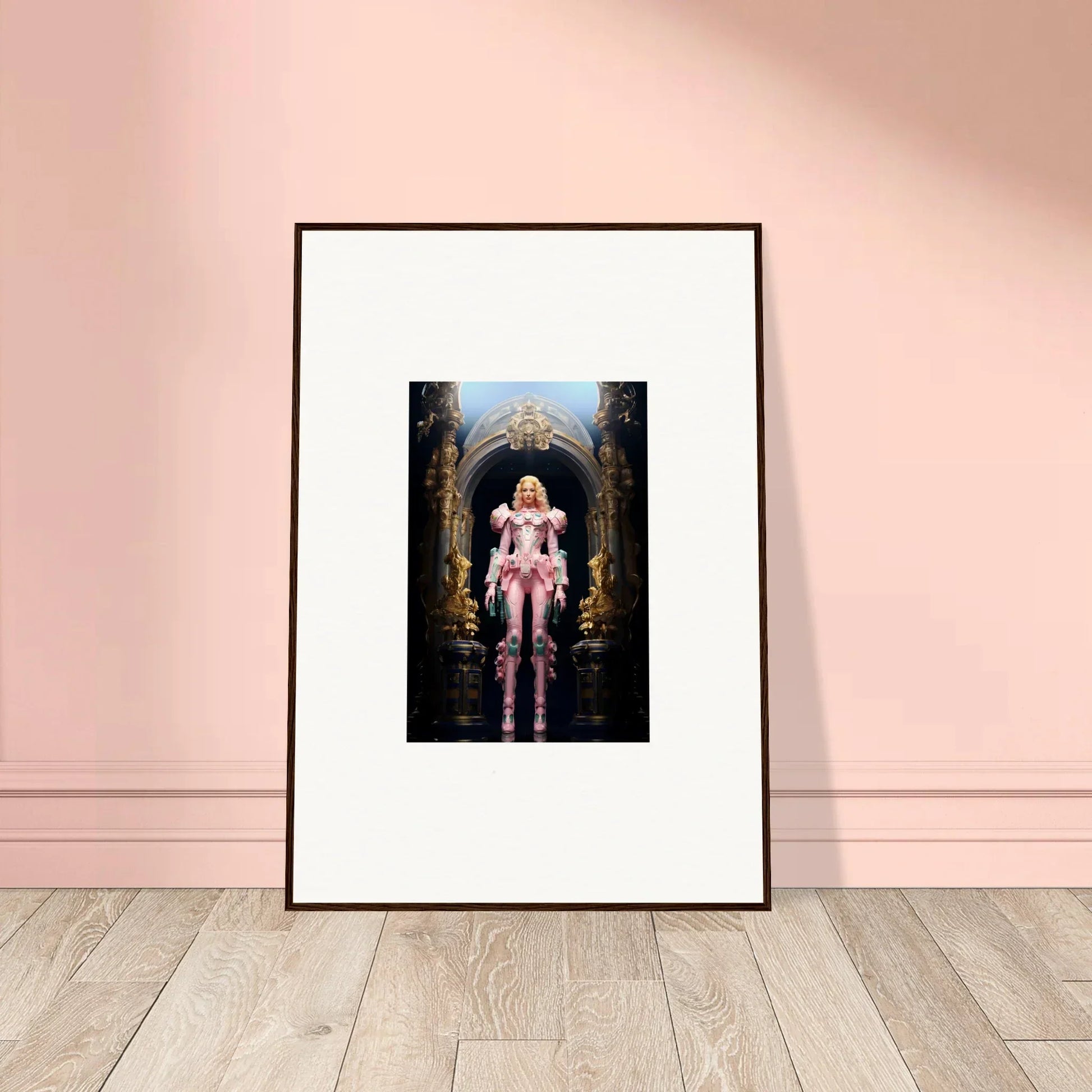 Framed wall art of a figure in pink within an ornate archway for pastry vanguard room decor