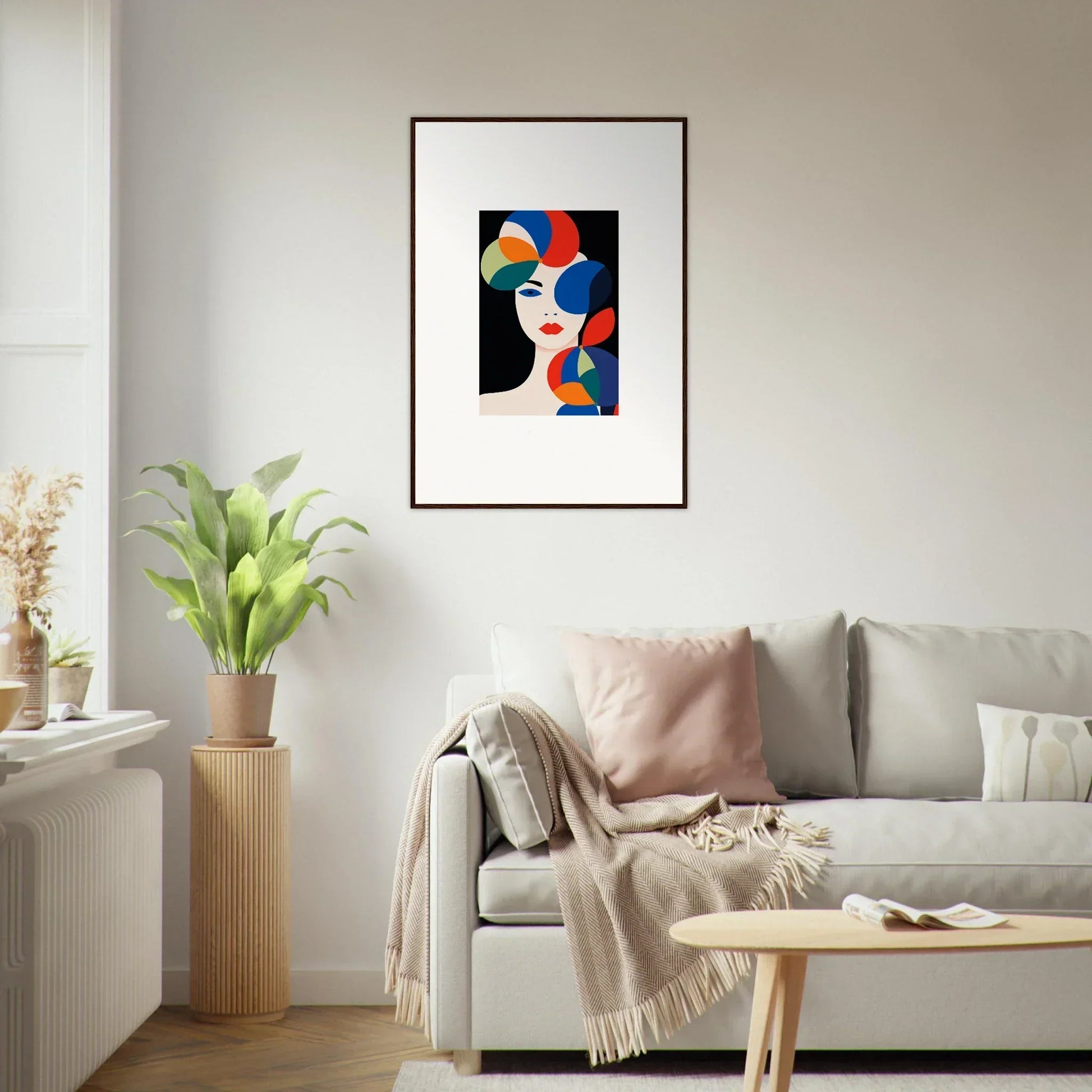 Framed abstract portrait with colorful geometric shapes perfect for room decoration