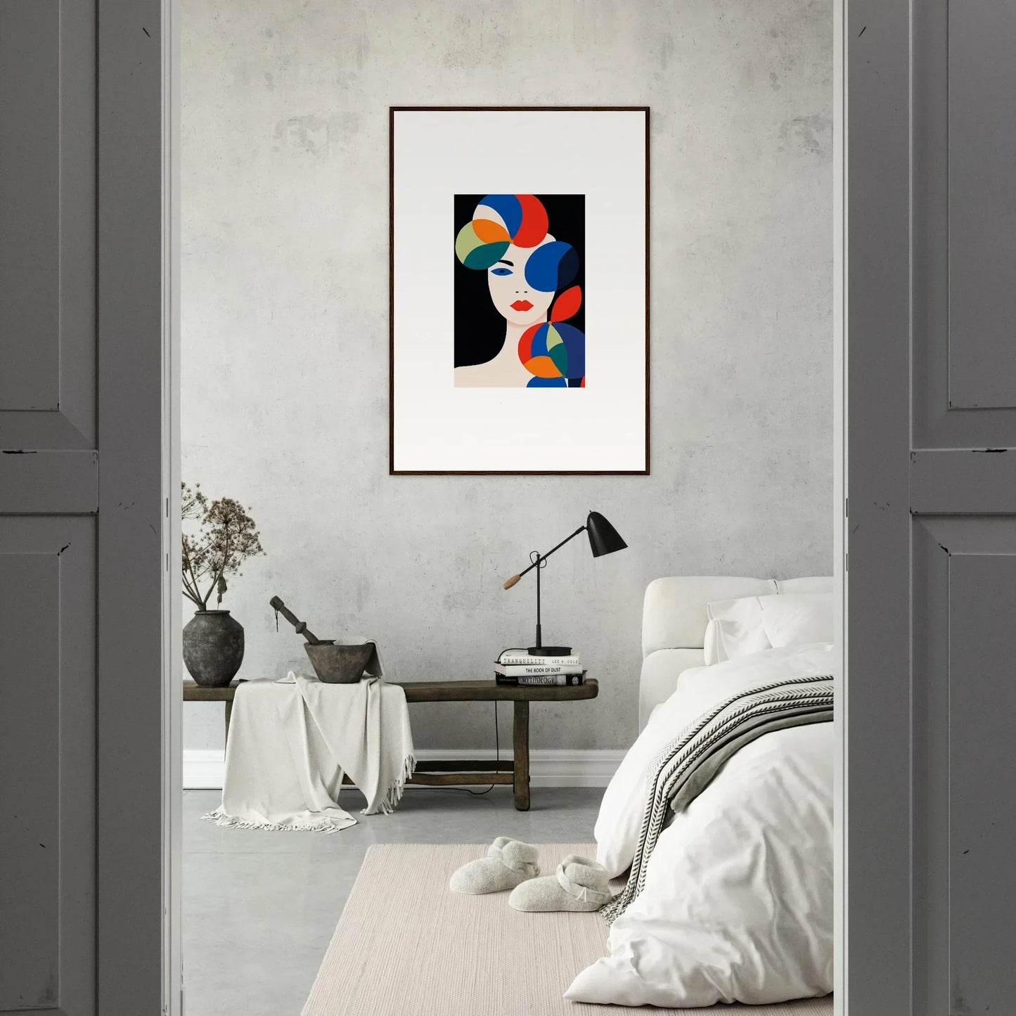 Framed abstract portrait with colorful geometric shapes for stylish room decoration