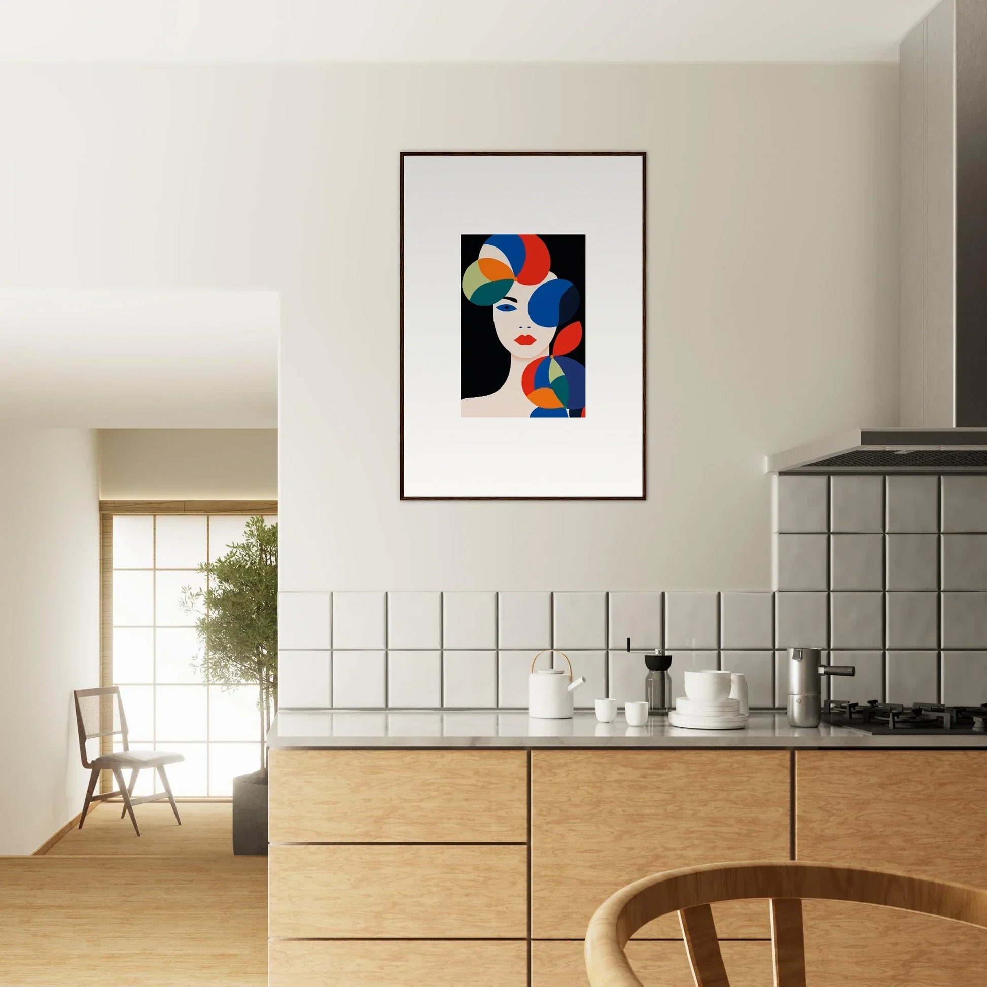 Framed abstract canvas print of colorful geometric shapes and petal echoes for room decoration