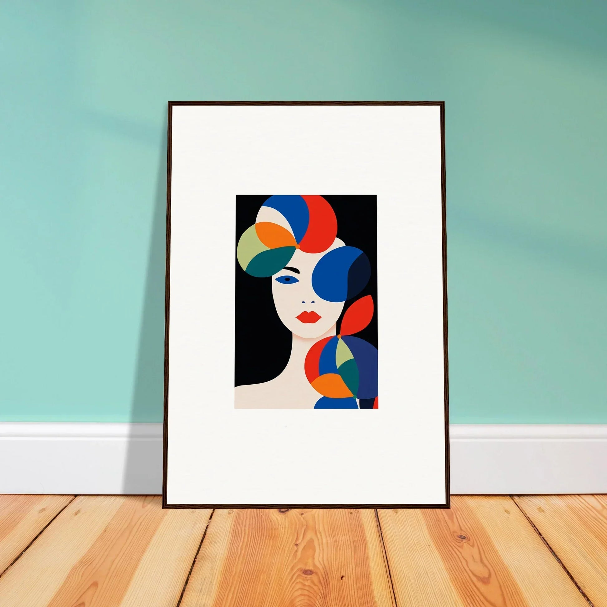 Framed canvas print of colorful geometric shapes and red lips, perfect for room decoration