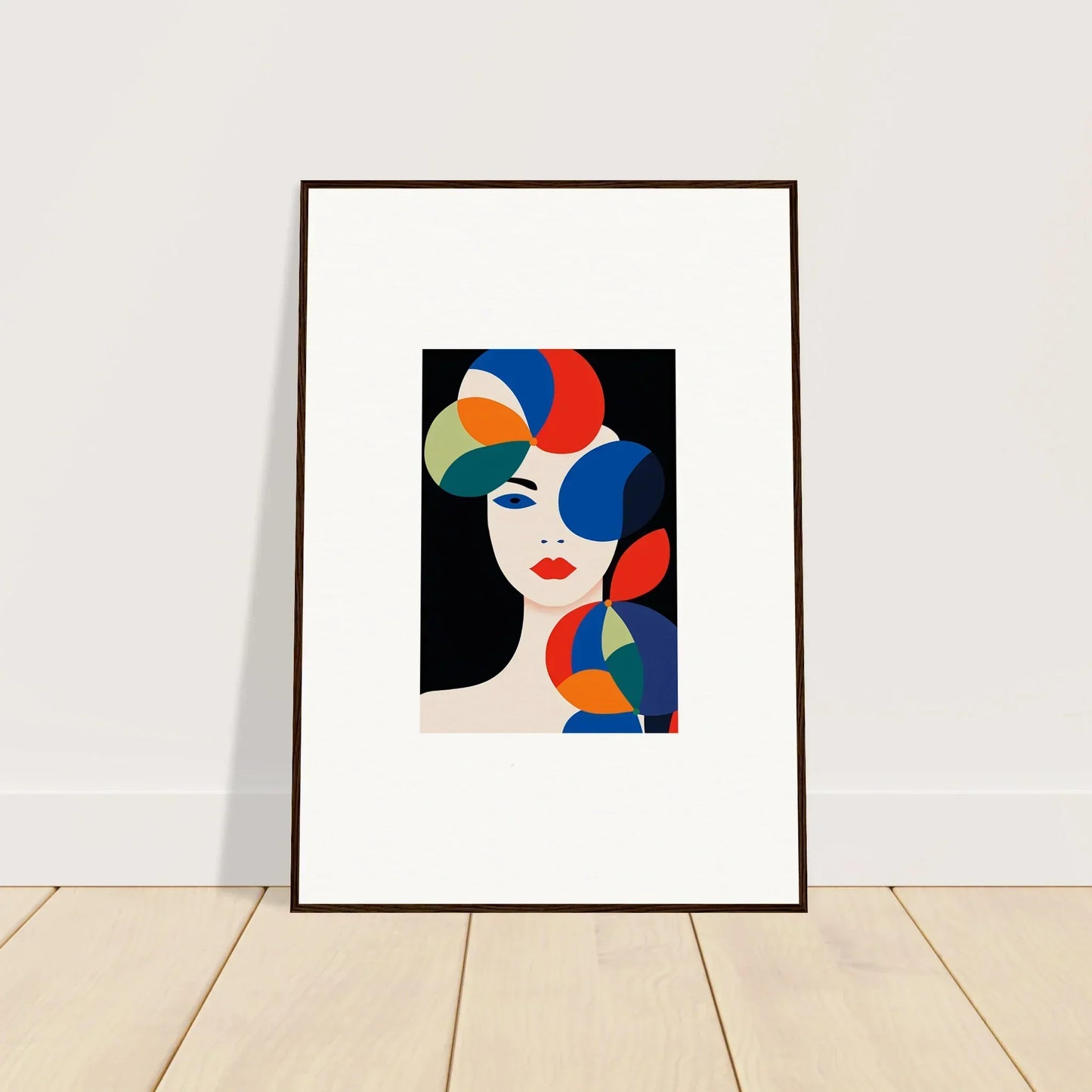 Framed abstract portrait with colorful shapes and red lips, perfect for room decoration