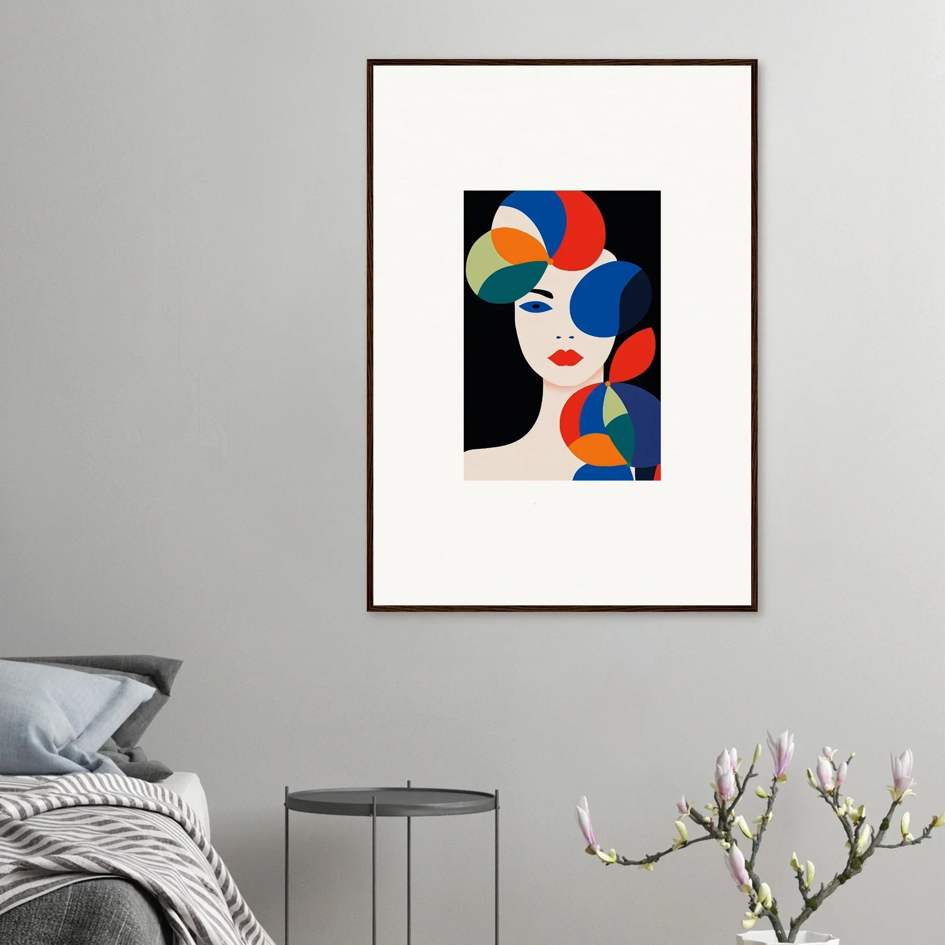 Framed abstract portrait with colorful geometric shapes for stylish room decoration