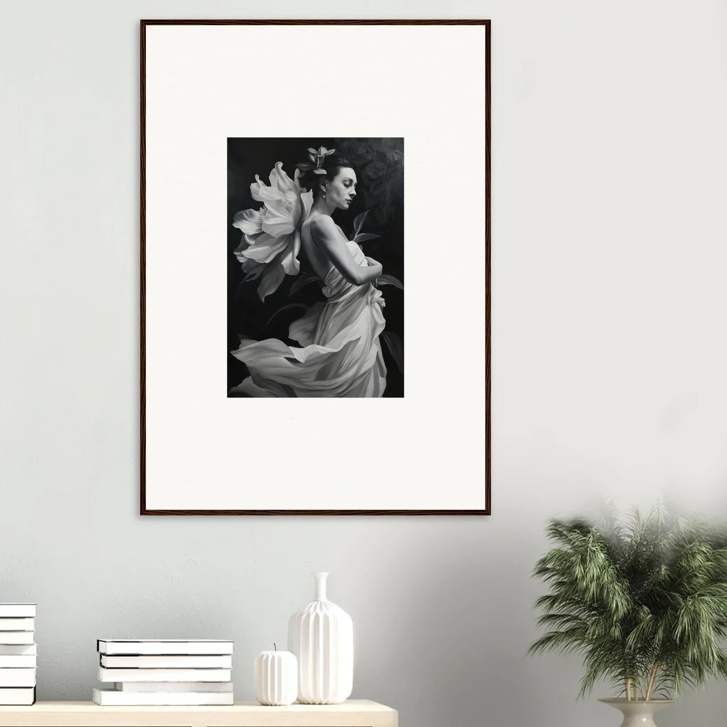 Framed wall art featuring a woman in flowing fabric, embodying ethereal madness for room decor