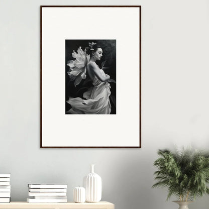 Framed wall art featuring a woman in flowing fabric, embodying ethereal madness for room decor