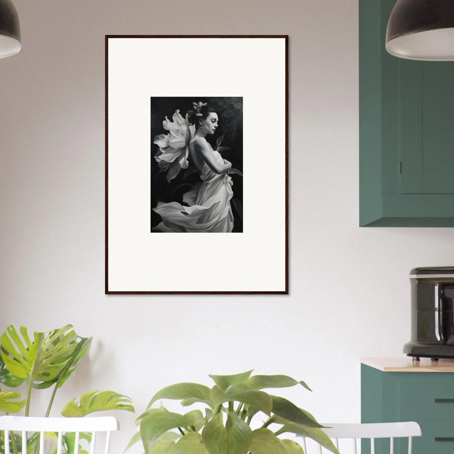 Framed black and white photograph featuring a person and a large flower for ethereal madness room decor