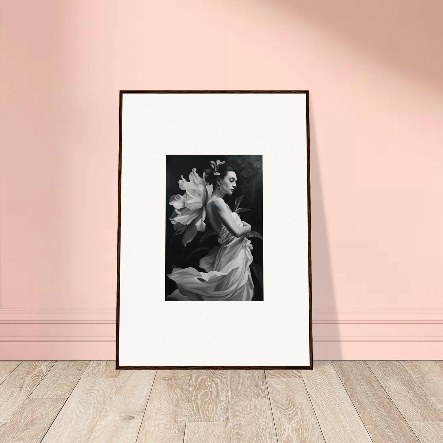 Framed black and white photograph of a person in flowing fabric for ethereal madness room decor