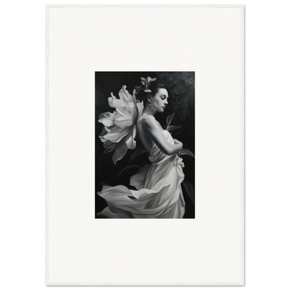 Black and white photo of a woman in flowing dress, perfect for ethereal madness room decor