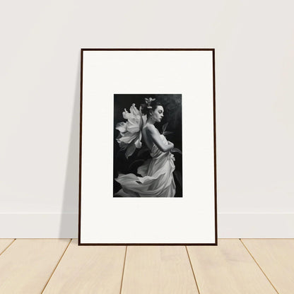 Framed black and white photograph featuring a person and large flower for ethereal madness room decor