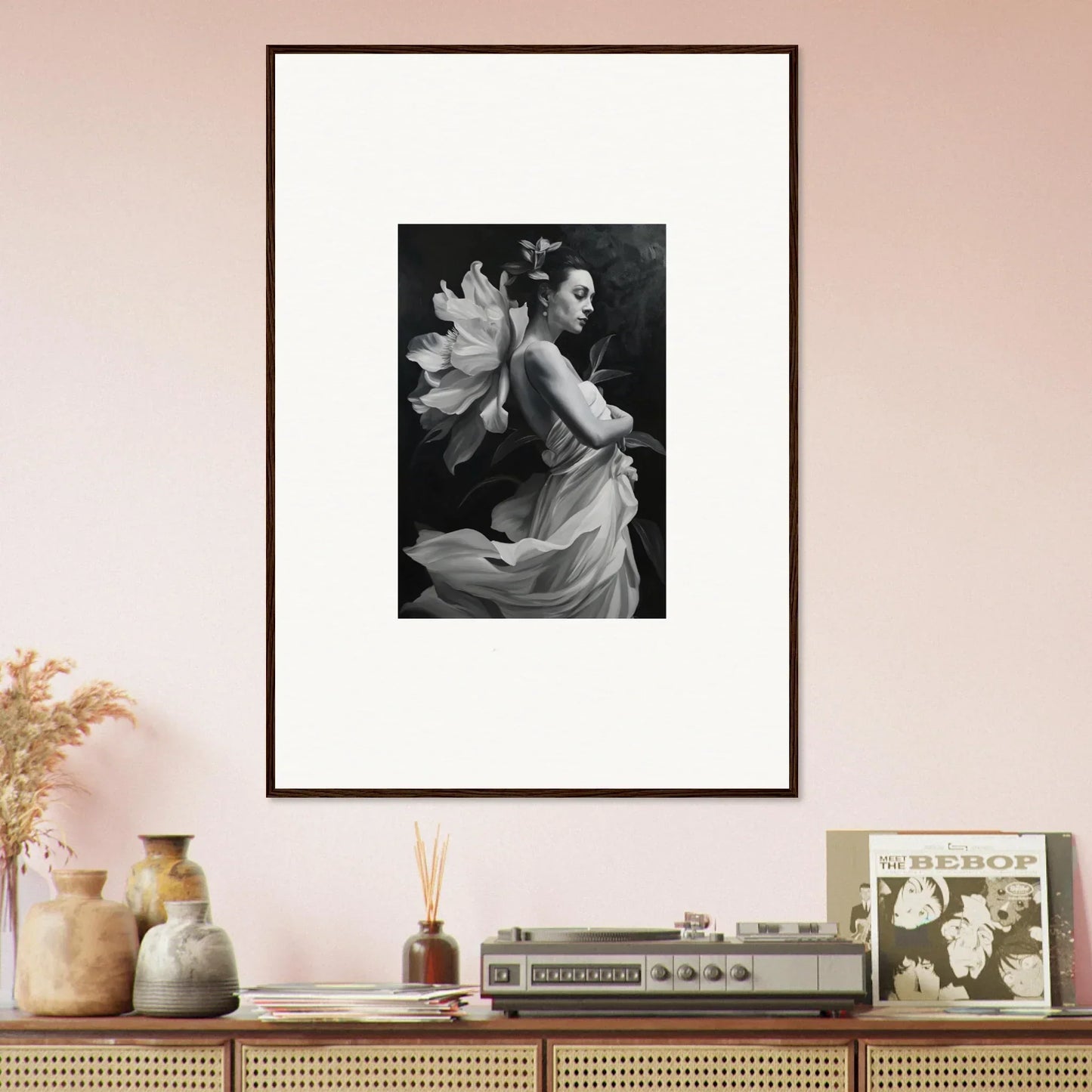 Framed black and white wall art of a woman in flowing fabric for ethereal madness room decor