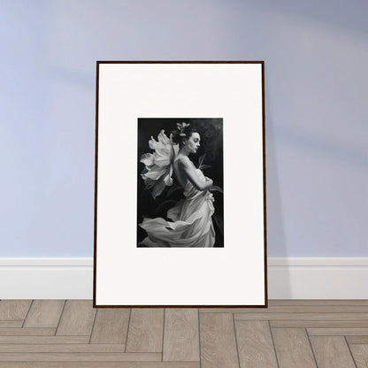 Framed black and white photograph of a woman in flowing fabric for ethereal madness room decor