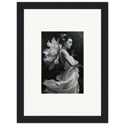 Framed black and white photograph of a woman in flowing fabric for ethereal madness room decor