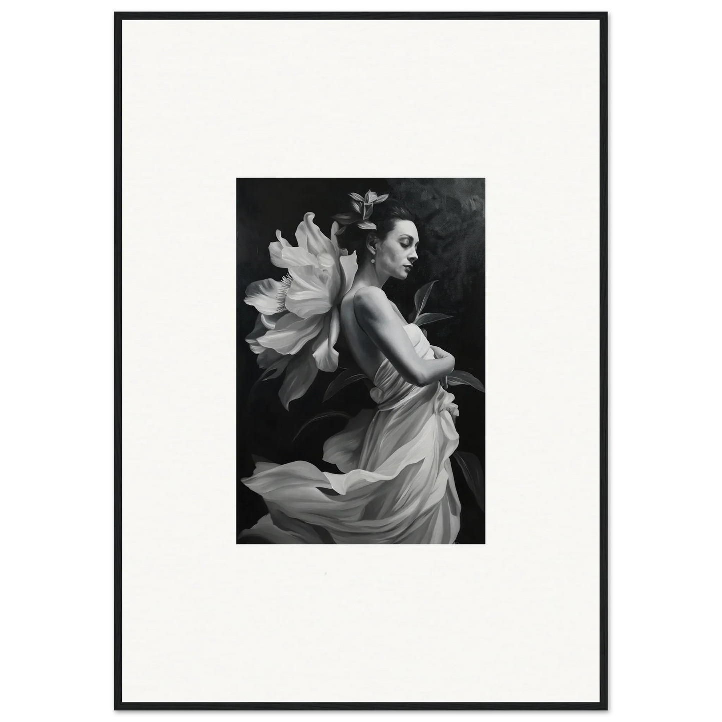 Black and white image of a woman with flowing fabric, perfect for Ethereal Madness wall art