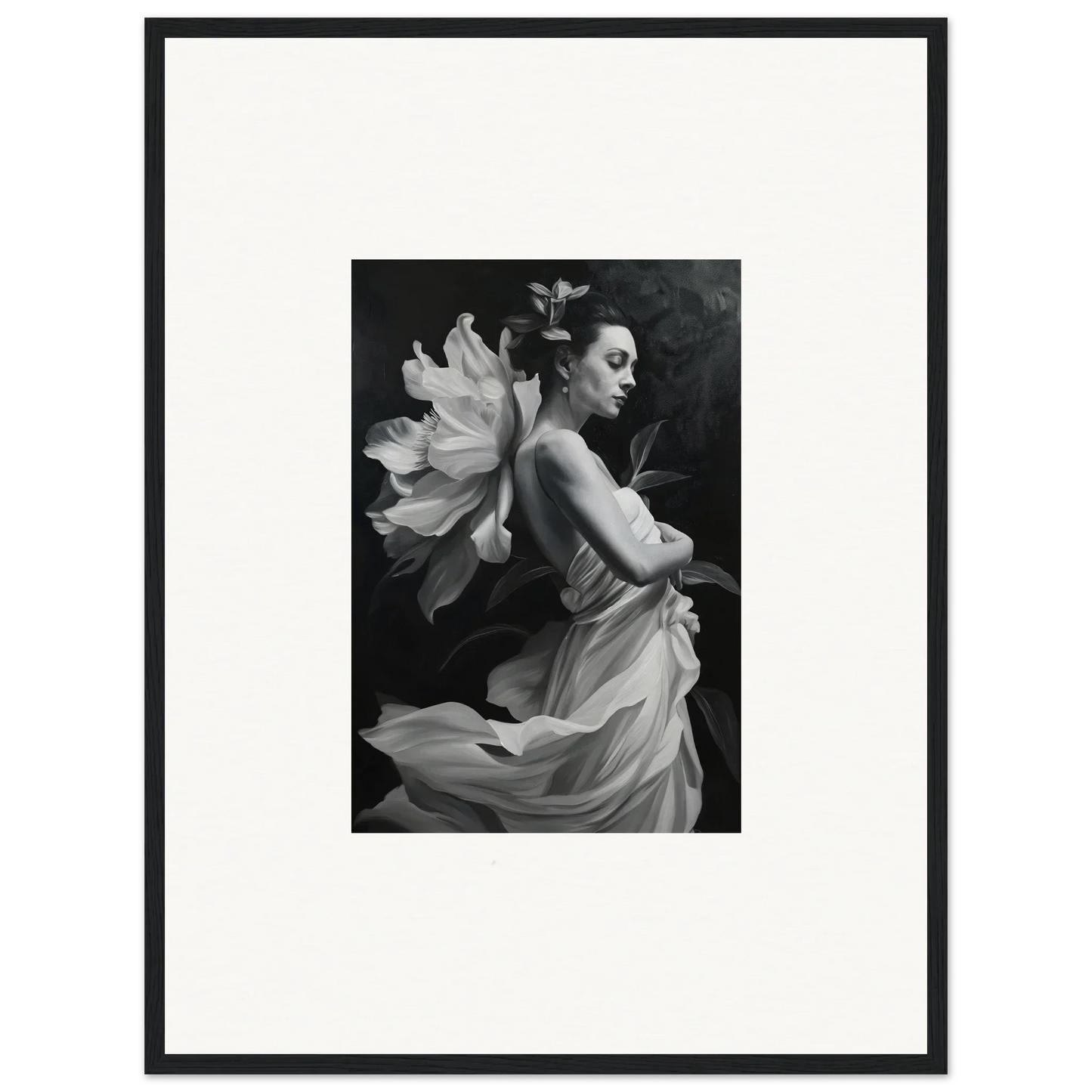 Black and white photograph of a woman in a dress for Ethereal Madness room decor