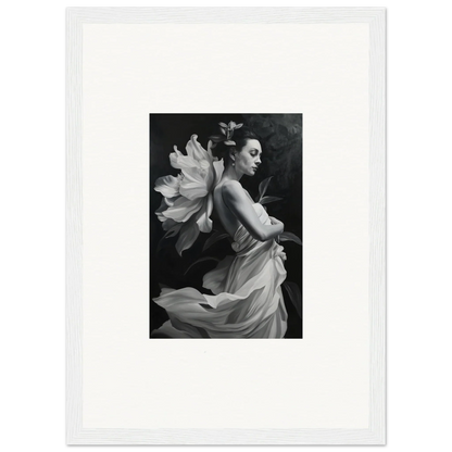 Black and white photograph of a woman in flowing fabric, perfect for ethereal madness room decor