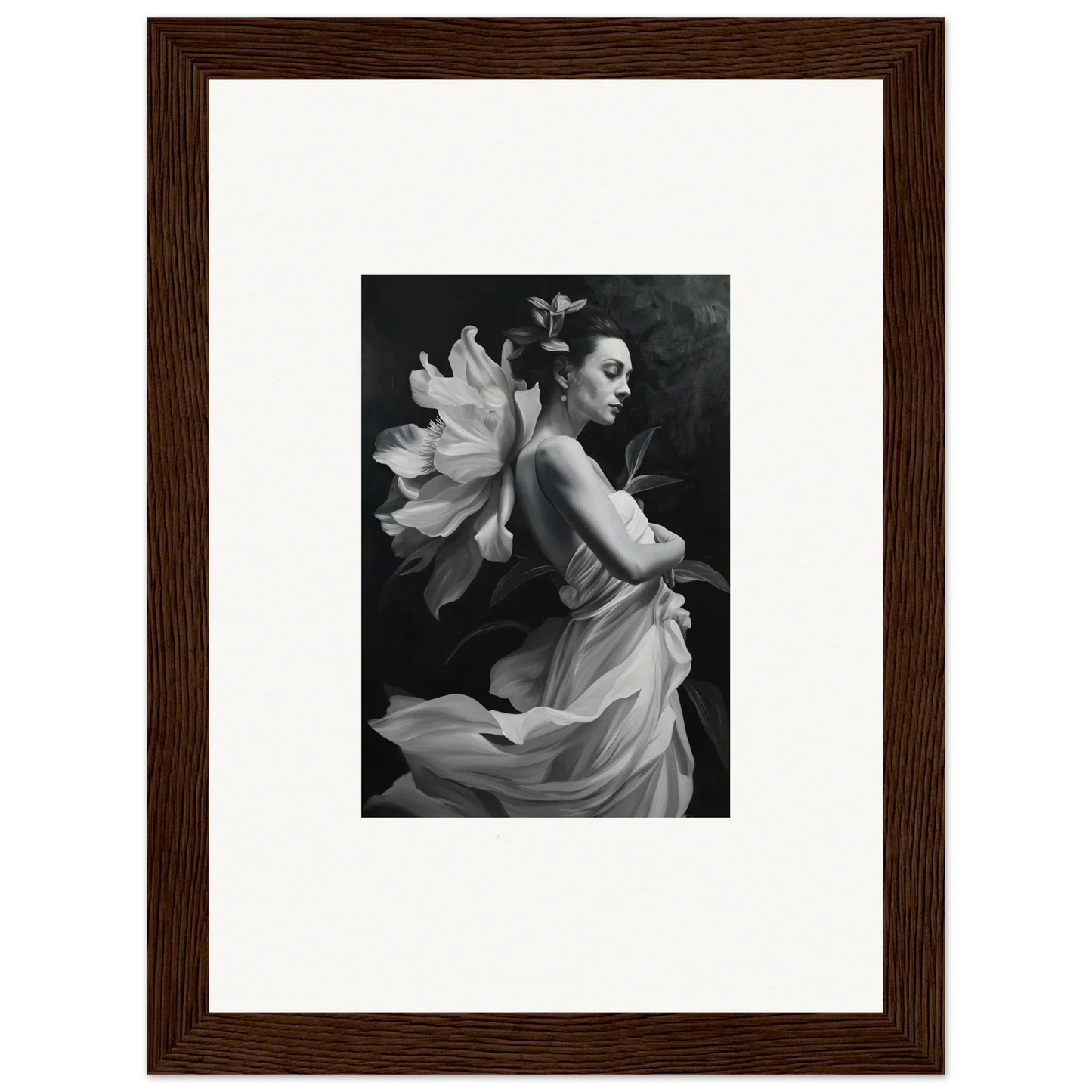 Black and white photo of a woman in flowing fabric, perfect for Ethereal Madness room decor