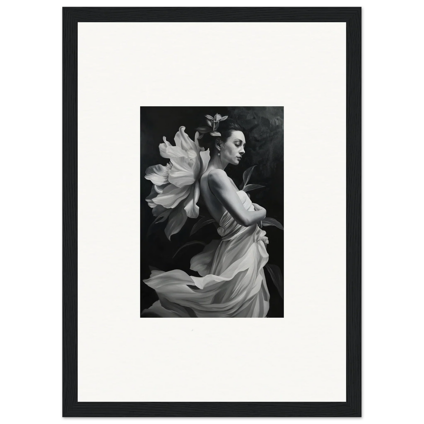 Black and white photo of a woman in flowing fabric, perfect for ethereal madness room decor