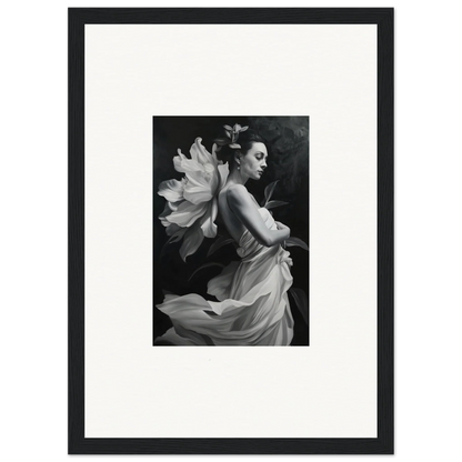 Black and white photo of a woman in flowing fabric, perfect for ethereal madness room decor