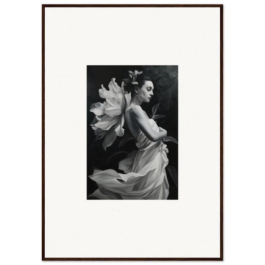 Black and white photograph of a woman in flowing fabric, perfect for ethereal madness room decor